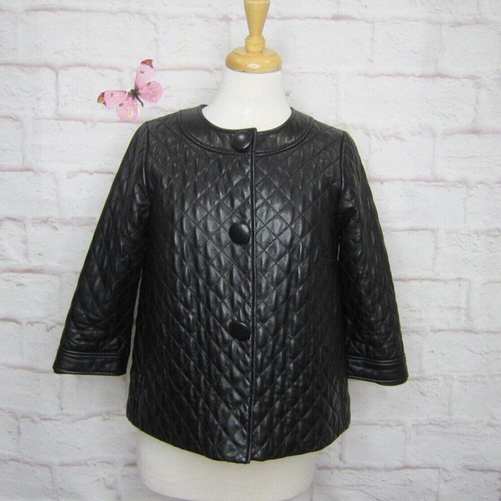 Vince Black Quilted Cropped Leather Swing Jacket 3/4 Sleeves size 8